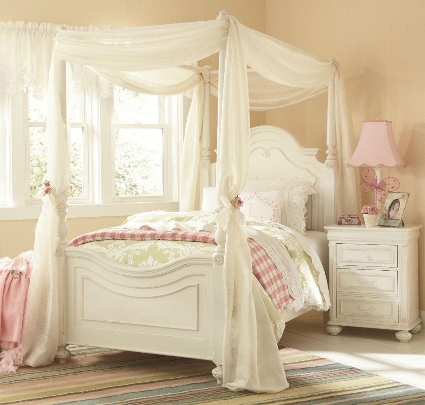 bedroom-inspiring-vintage-girl-stanley-kid-bedroom-furniture-decoration-using-white-wood-girl-canopy-bed-frame-including-light-yellow-cream-bedroom-wall-paint-and-round-bell-scallop-pink-bedside-lamp-