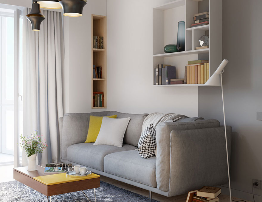 KHÔNG GIAN NỘI THẤT CĂN HỘ LOẠI C 92.8M2 NHÀ ANH ĐỨC - ECOLIFE TÂY HỒ — GỖ TRANG TRÍ CĂN HỘ CHUNG CƯ ĐƯỢC LẮP ĐẶT CỬA KÍNH RA BAN CÔNG SẼ THU HÚT ÁNH SÁNG TỰ NHIÊN VÀO CĂN PHÒNG. KỆ GỖ, BỨC TƯỜNG ĐƯỢC SƠN MÀU XÁM LÀ CÁCH ĐỂ KHÔNG GIAN KHÔNG BỊ CHÓI BỞI QUÁ NHIỀU ÁNH SÁNG MẶT TRỜI.