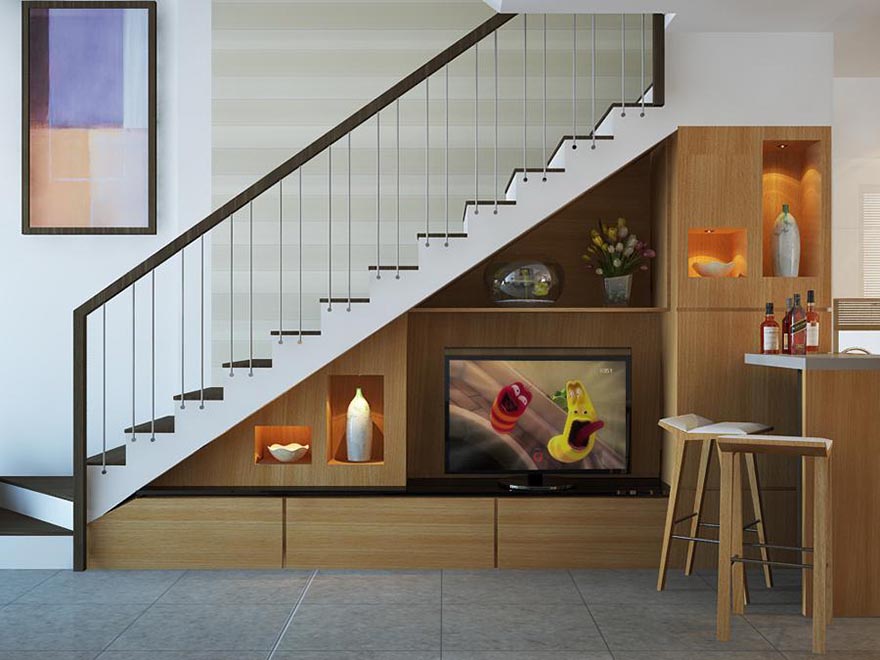 5 ý tưởng trang trí phòng khách dưới cầu thang cực sáng tạo | Gỗ Trang Trí