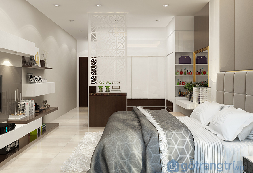 Tấm thảm trải sàn phòng ngủ lông xù màu trắng lịch sự và sạch sẽ