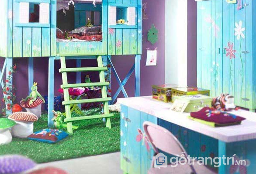 Giường ngủ cho bé gái như ngôi nhà sàn Giường ngủ cho bé gái như ngôi nhà sàn