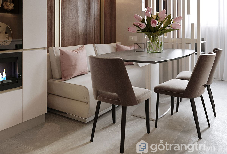 Màu hồng rose quartz được ứng dụng trong không gian ăn uống