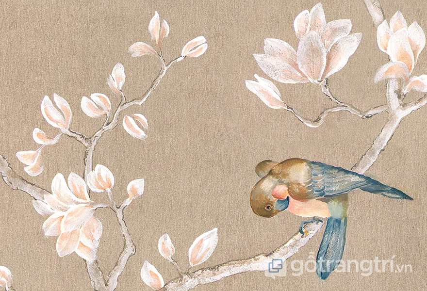 Hình ảnh chú chim đậu trên cành hoa quen thuộc trong phong cách Chinoiserie