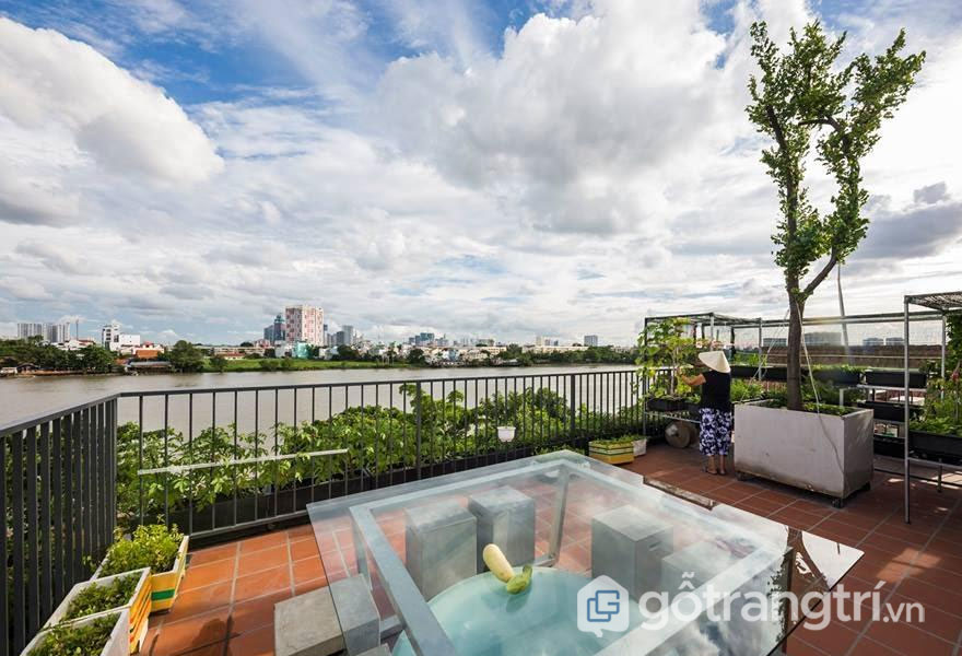 THỦ ĐỨC HOUSE - KIẾN TRÚC HIỆN ĐẠI KẾT HỢP ĂN Ý VỚI KHÔNG GIAN XANH — GỖ TRANG TRÍ THEO KIẾN TRÚC HIỆN ĐẠI, KHOẢNG SÂN THƯỢNG ĐƯỢC THIẾT KẾ ĐỂ CÓ THỂ NHÌN RA SÔNG SÀI GÒN VỚI SỰ TƯƠI XANH CỦA NHỮNG LUỐNG RAU XANH, SẠCH - ẢNH: HIROYUKI OKI