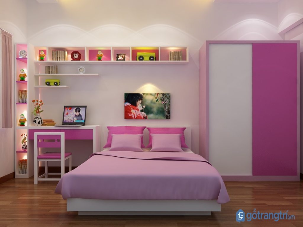 Giường ngủ đẹp bằng nhựa kết hợp tủ quần áo cho phòng ngủ bé gái. (ảnh: internet)