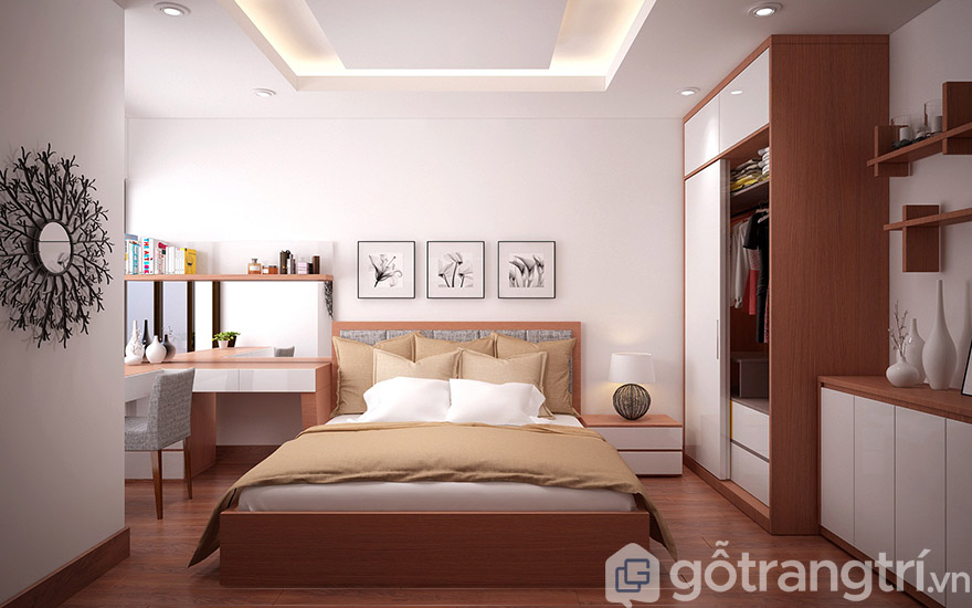 Dùng nội thất gỗ và gam màu trầm làm màu chủ đạo cho không gian phòng ngủ thư thái
