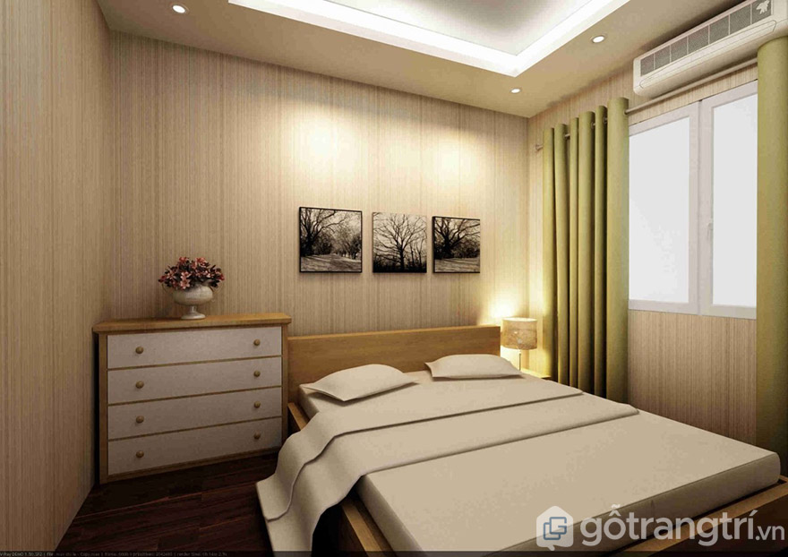Thiết kế nội thất phòng ngủ chỉ với kệ để đồ, giường và tranh trang trí