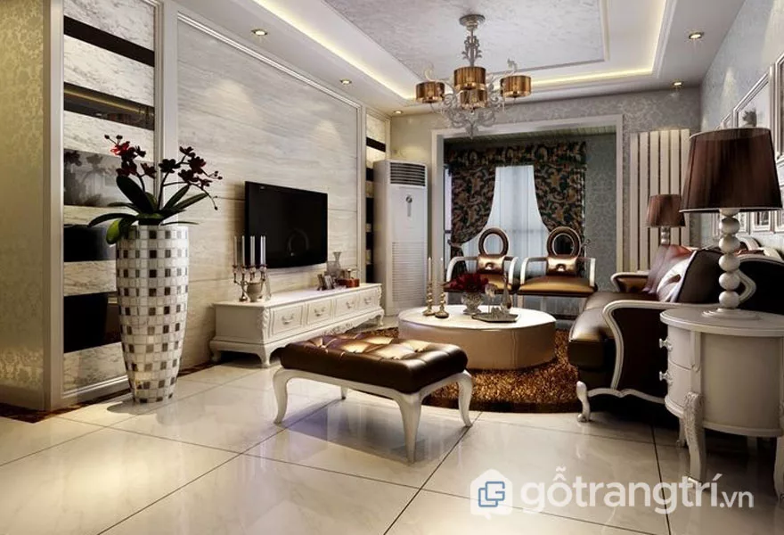 Nội thất nhà phong cách tân cổ điển trong phòng khách thiết kế khá chỉn chu, đan xen giữa nét cổ điển và hiện đại (Ảnh: Internet)