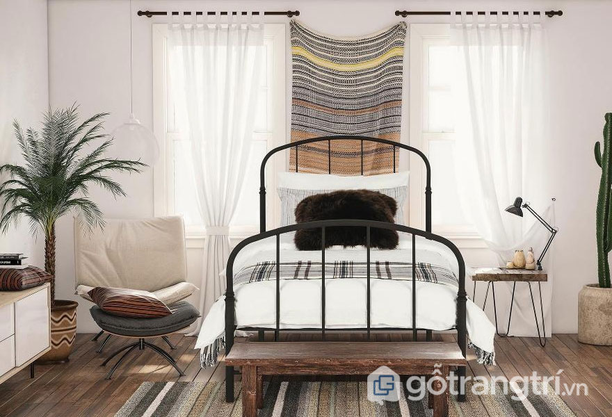 TÌM HIỂU VỀ CÁC PHONG CÁCH NỘI THẤT RUSTIC PHỔ BIẾN NHẤT TRONG NĂM 2019 — GỖ TRANG TRÍ MÀN CỬA BẰNG VẢI LÀ CHẤT LIỆU KHÁ QUEN THUỘC CỦA PHÒNG NGỦ PHONG CÁCH RUSTIC (ẢNH: INTERNET)