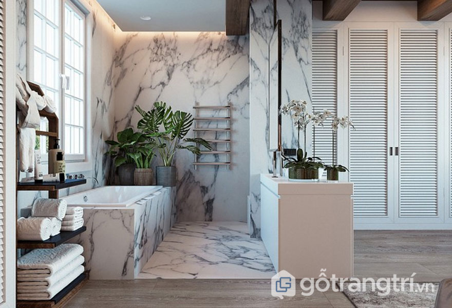 TÌM HIỂU VỀ CÁC PHONG CÁCH NỘI THẤT RUSTIC PHỔ BIẾN NHẤT TRONG NĂM 2019 — GỖ TRANG TRÍ ĐÁ ỐP TƯỜNG, LÁT SÀN PHÒNG TẮM (ẢNH: INTERNET)