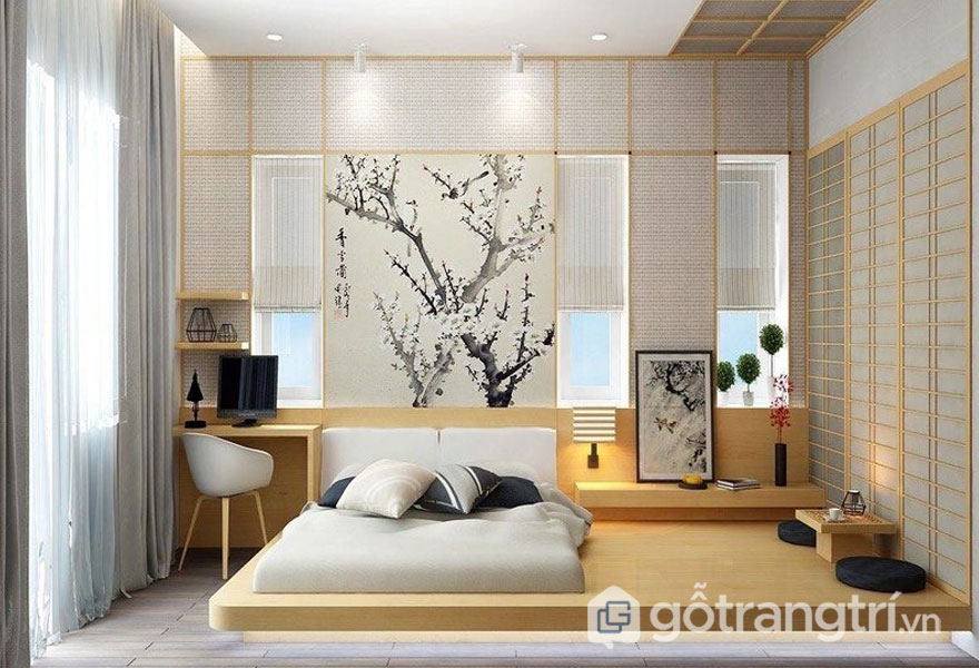 Phòng ngủ sử dụng tranh treo tường mang đậm phong thái Nhật Bản (Ảnh: Internet)