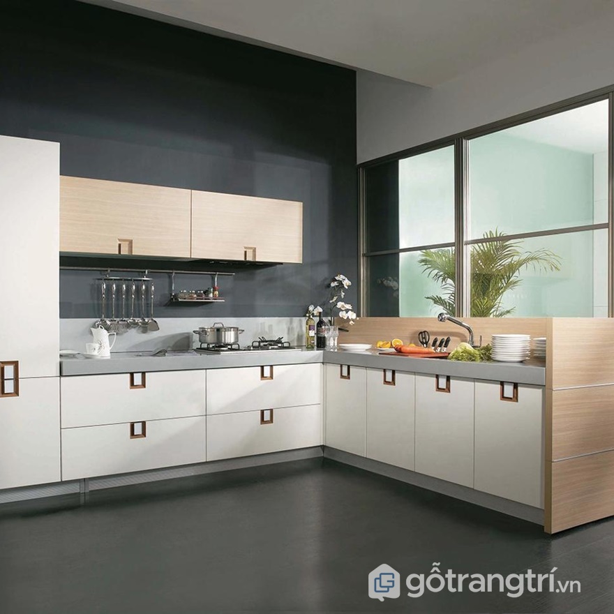 Tủ bếp gỗ acrylic đơn sắc - ảnh internet