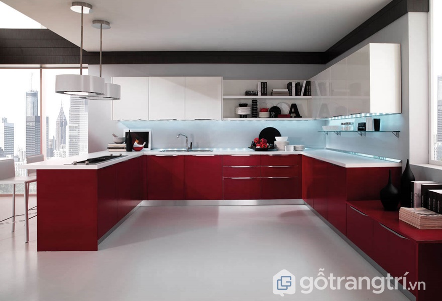 Tủ bếp gỗ acrylic đơn sắc - ảnh internet