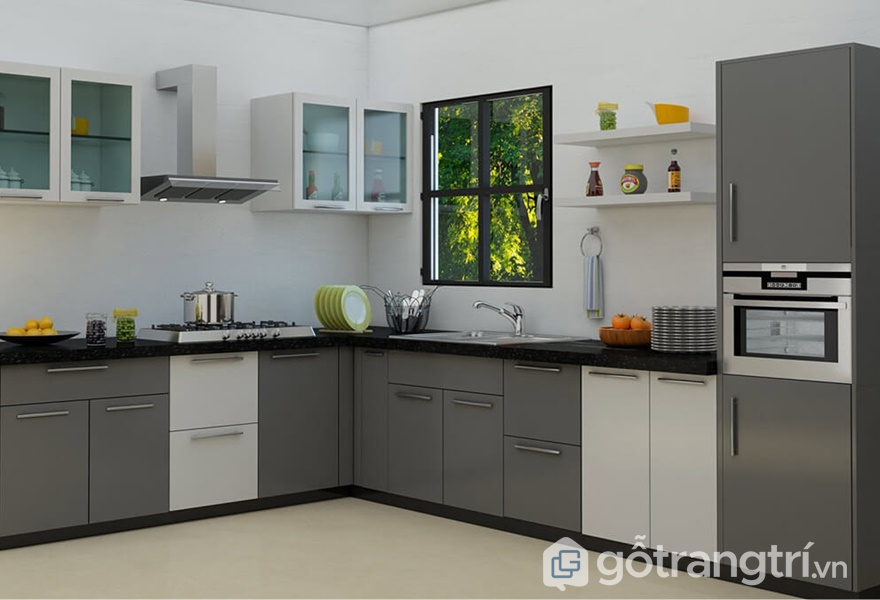 Tủ bếp gỗ acrylic đơn sắc - ảnh internet