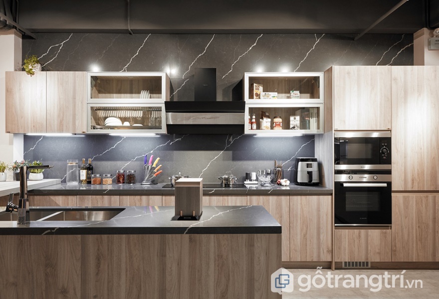 Tủ bếp gỗ acrylic vân gỗ - ảnh internet