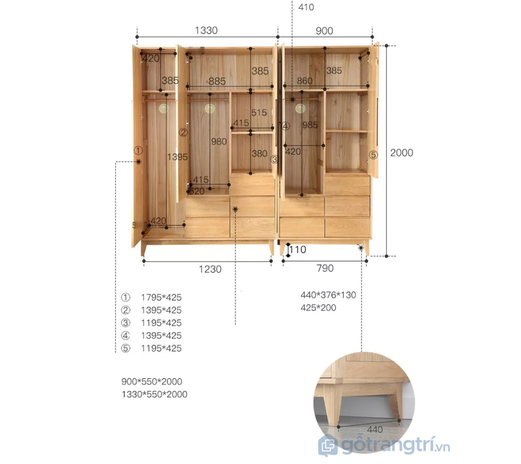 Tủ quần áo gỗ sồi tự nhiên thiết kế tiện dụng đa năng GHS-5689