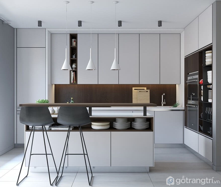 Mẫu 03: Căn bếp hình chữ I được bài trí vô cùng đơn giản với gam màu xám nhẹ dịu - Ảnh: Internet Mẫu 03: Căn bếp hình chữ I được bài trí vô cùng đơn giản với gam màu xám nhẹ dịu - Ảnh: Internet