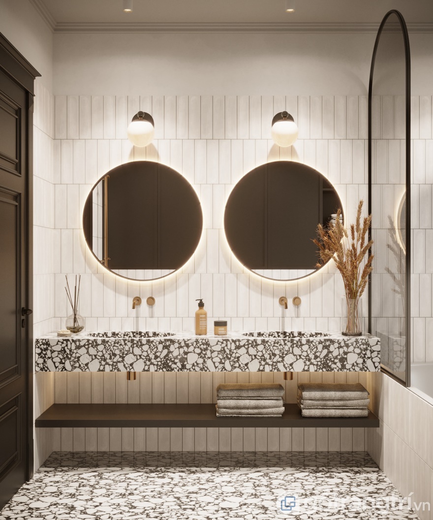 Hệ thống gương soi tích hợp với đèn led mang đến không gian phòng tắm xa hoa, lộng lẫy