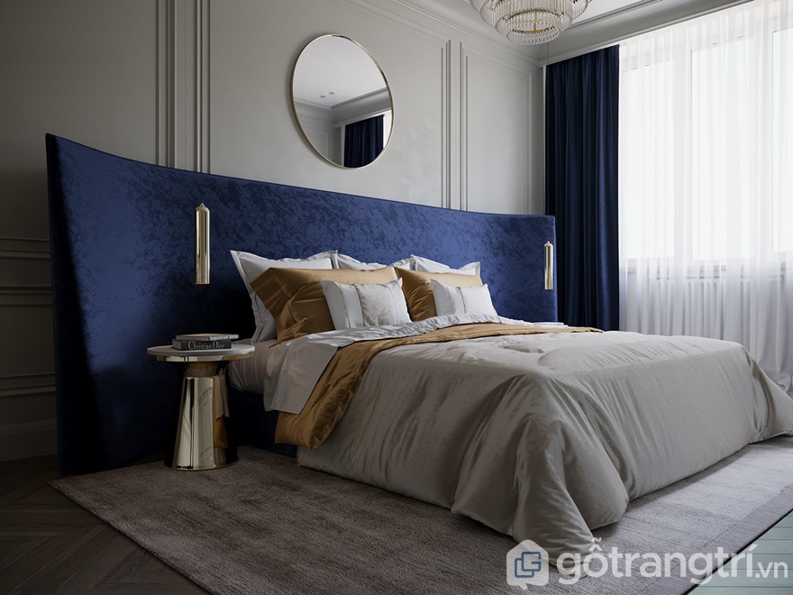 Phòng ngủ nội bật với tông màu xanh và gam màu trắng xám