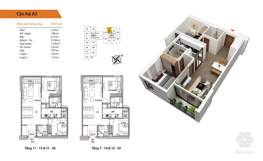 Thiết kế nội thất chung cư 68m2 Bea Sky Nguyễn Xiển đẹp