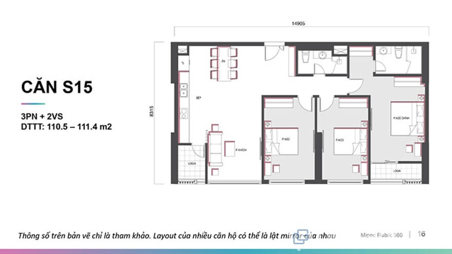 Mặt bằng căn hộ Mipec Rubik 360 3 phòng ngủ