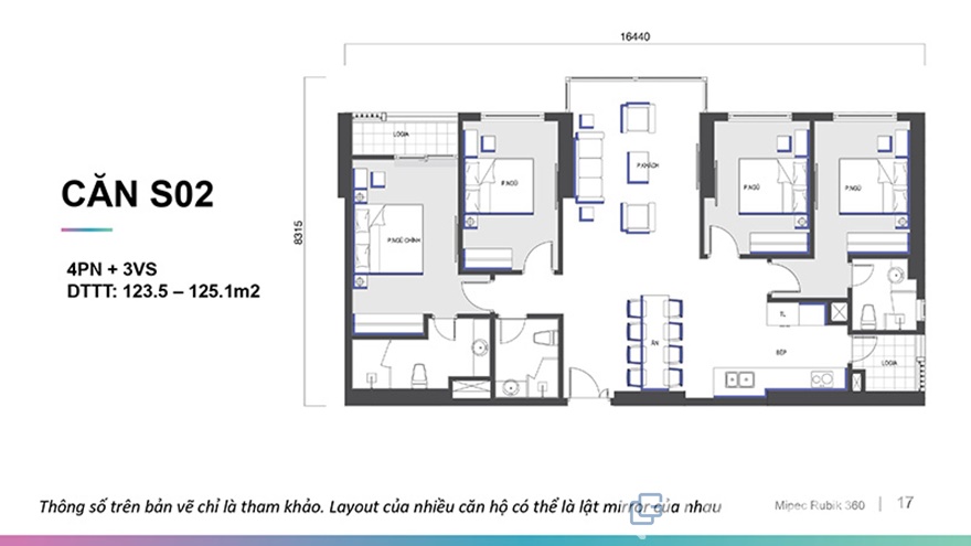 Mặt bằng căn hộ Mipec Rubik 360 4 phòng ngủ
