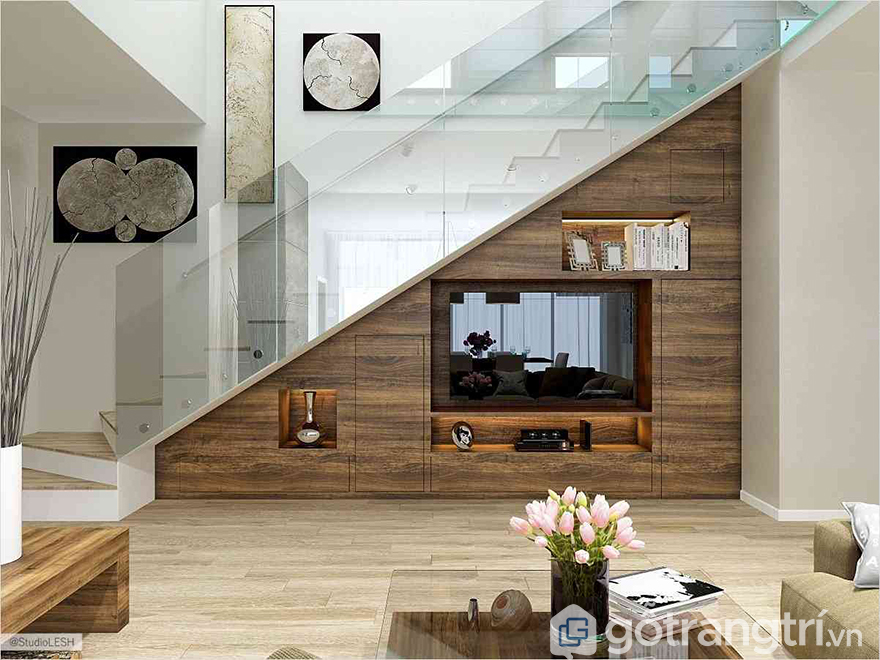 Thiết kế kệ tivi dưới chân cầu thang