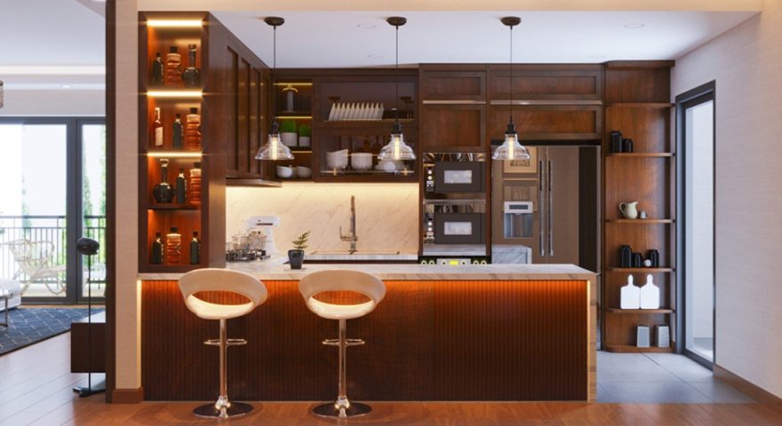 Thiết kế tủ bếp có quầy bar phong cách Châu Âu hiện đại