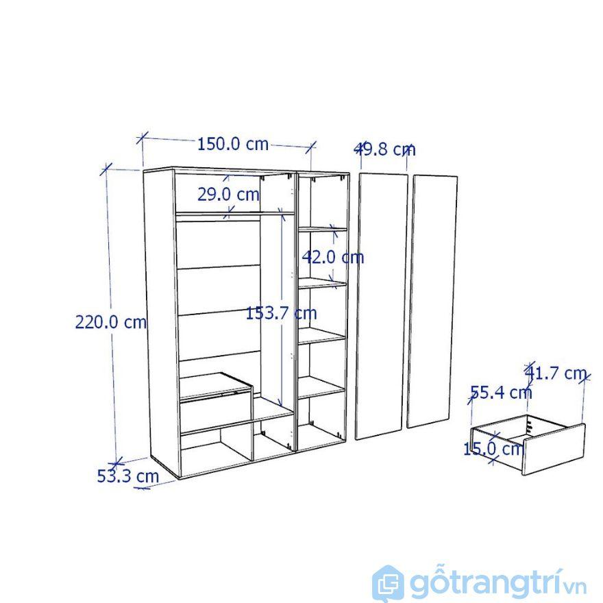 Tủ quần áo gỗ đa năng kèm kệ GHY-207 Kích thước