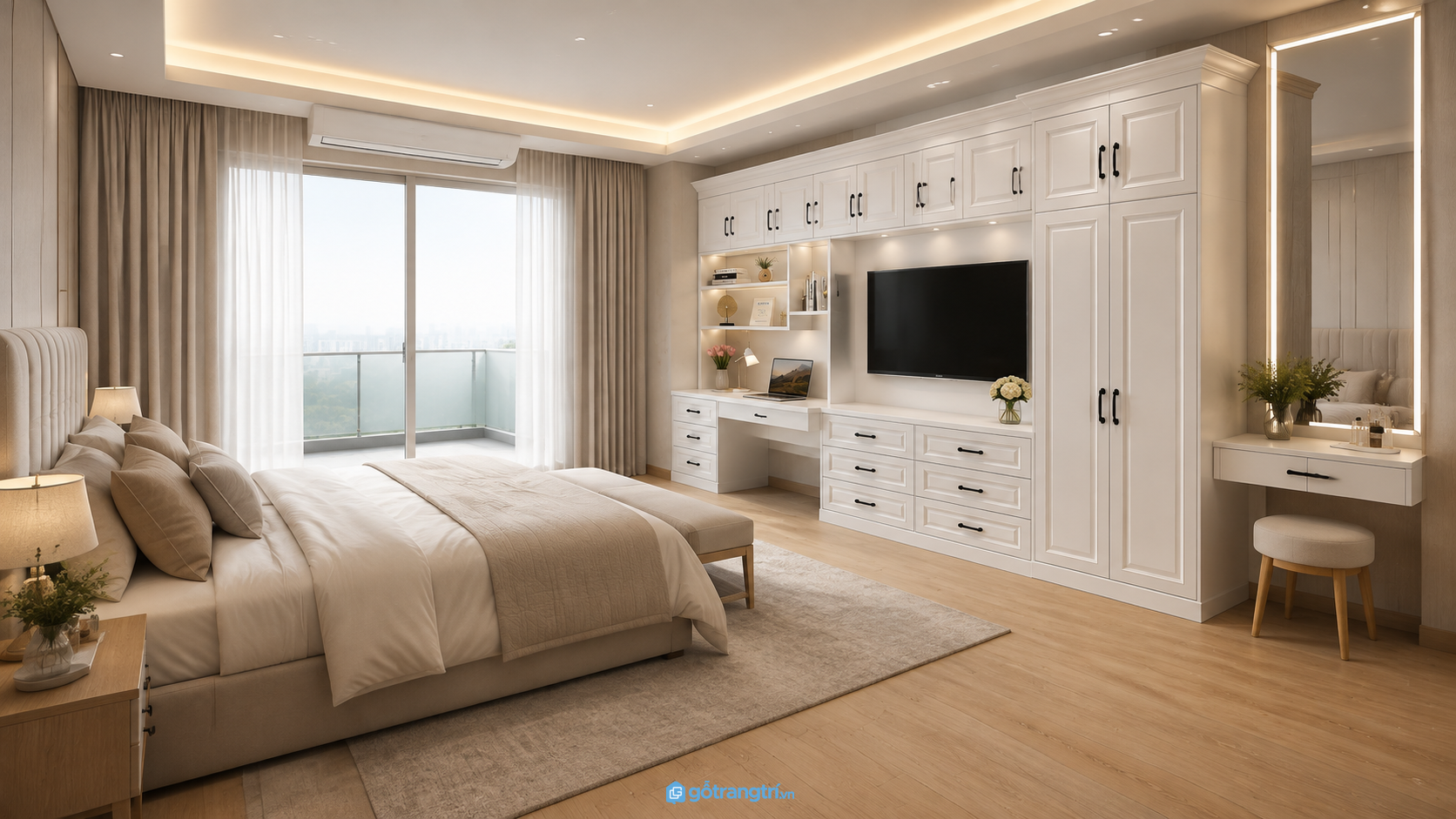Kệ tủ tivi phòng ngủ kèm bàn làm việc, tủ áo GHS-52098