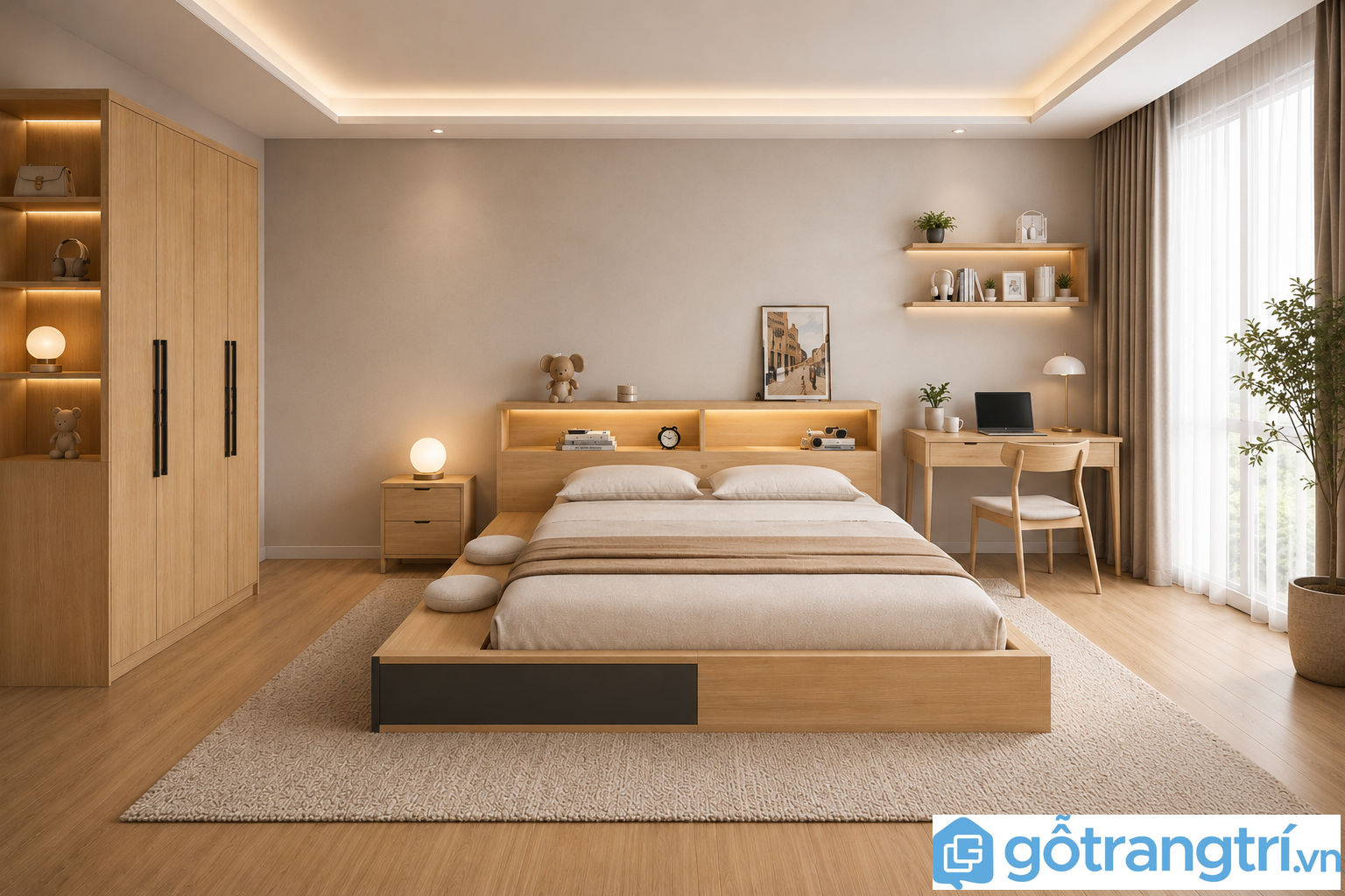 Giường ngủ bệt bằng gỗ có ngăn kéo GHS-9274