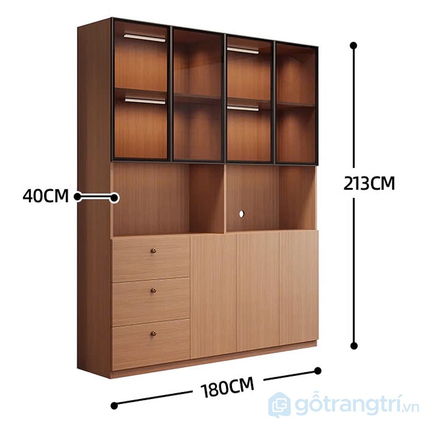 Tủ sách gỗ cửa kính khung nhôm đen sang trọng hiện đại GHS-2647