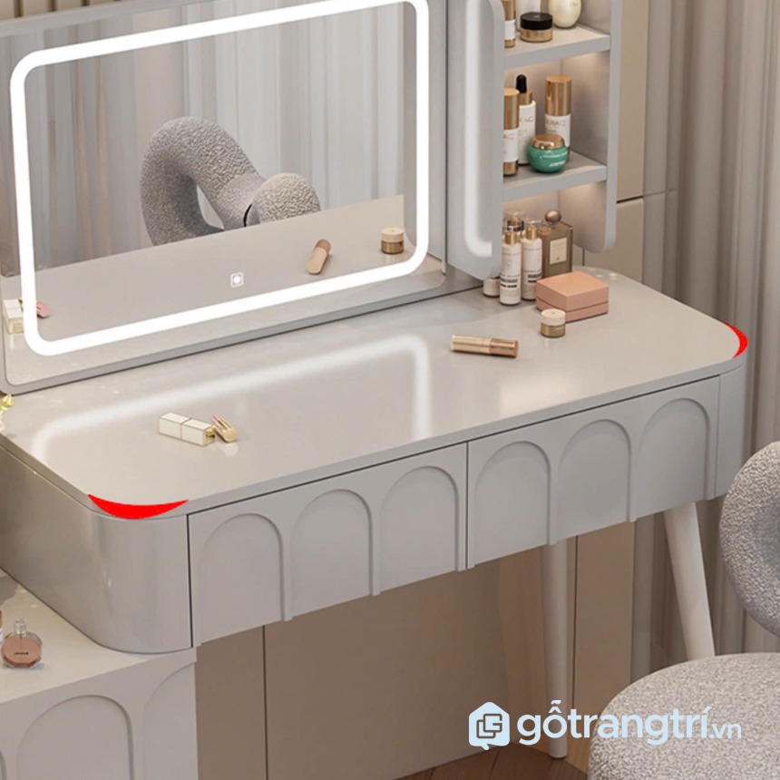 Bàn trang điểm có gương LED và kệ mỹ phẩm