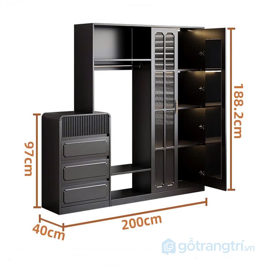 Tủ quần áo gỗ màu đen hiện đại sang trọng, tiện nghi GHS-52610