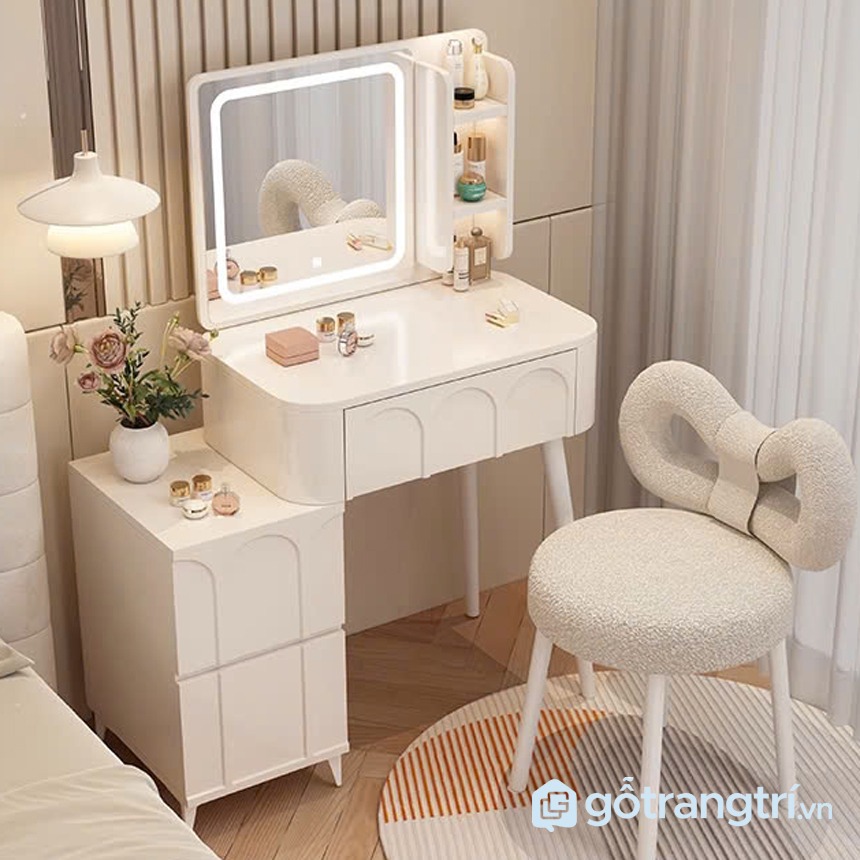Bàn trang điểm có gương LED và kệ mỹ phẩm