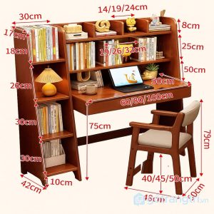1 bàn học liền giá sách gỗ tự nhiên