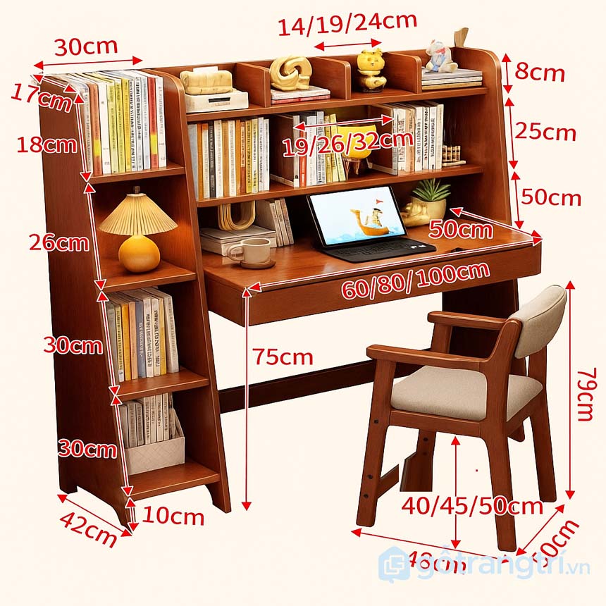 Bàn học liền giá sách gỗ tự nhiên GHS-42009