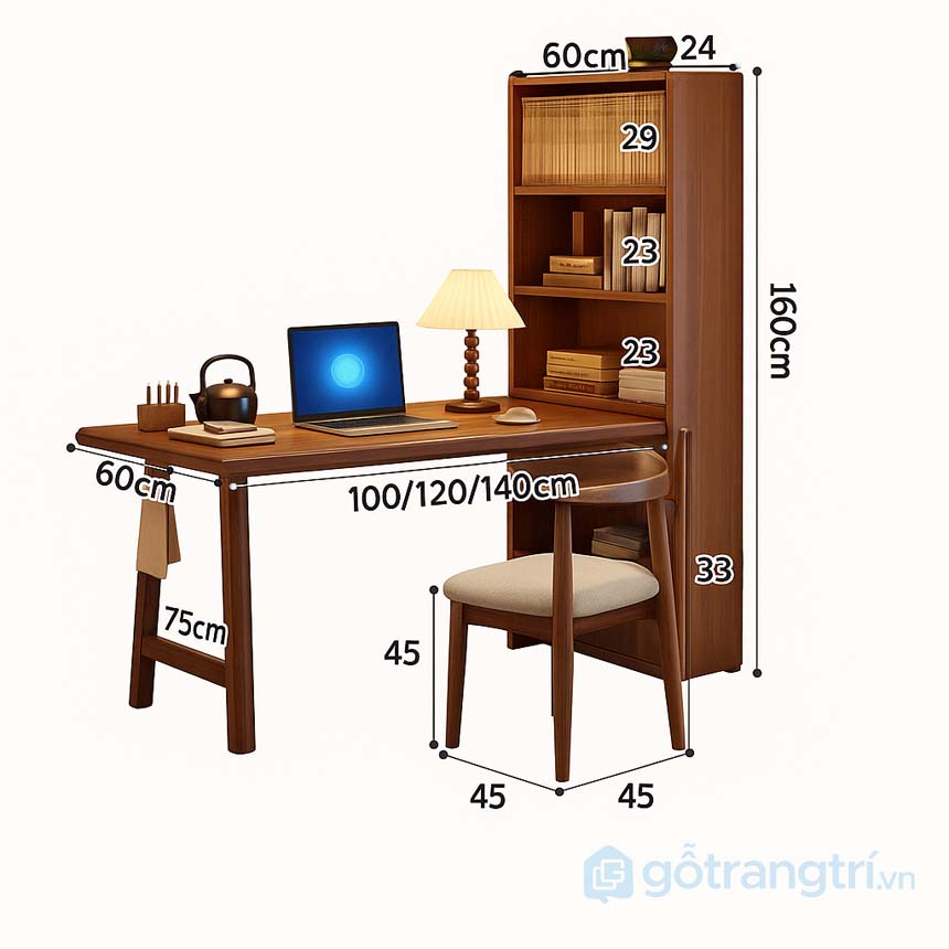 Bàn làm việc gỗ tự nhiên liền giá sách