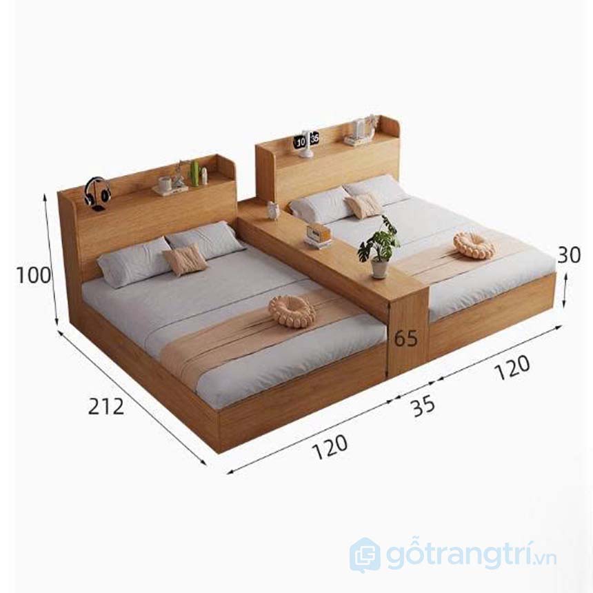Giường đôi gỗ liền vách ngăn