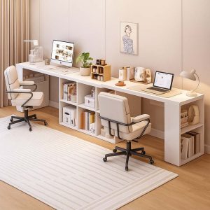 Bàn học đôi cho 2 người tích hợp giá sách