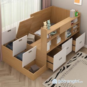 2 giường có cầu thang và tủ chứa đồ