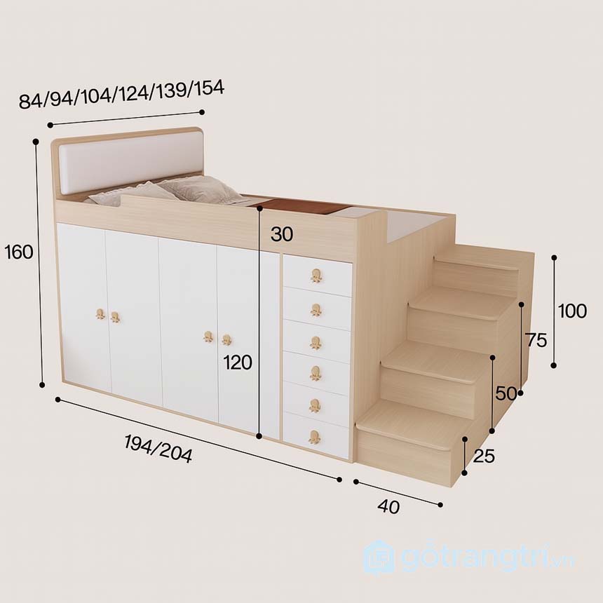 Giường kết hợp tủ quần áo tiện nghi GHS-9383