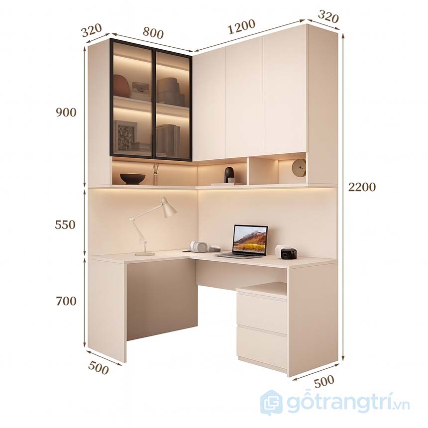 Bàn học chữ L có giá sách