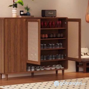 2 tủ giày nan mây gỗ màu óc chó