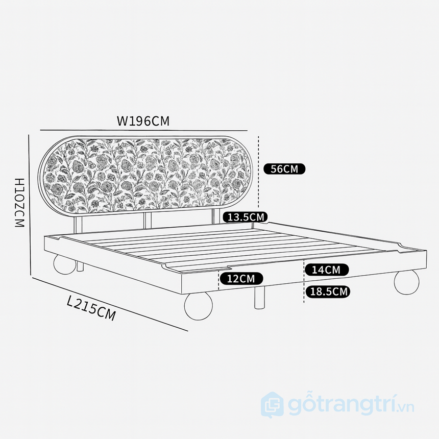 Giường ngủ đầu giường bọc vải GHS-9402