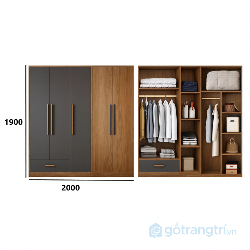 Tủ quần áo 4 cánh thiết kế tối giản GHS-55005
