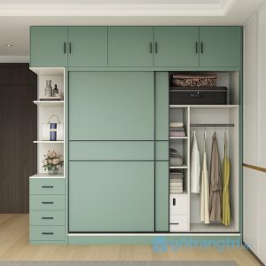 1 tủ quần áo xanh gỗ sơn cửa trượt hiện đại
