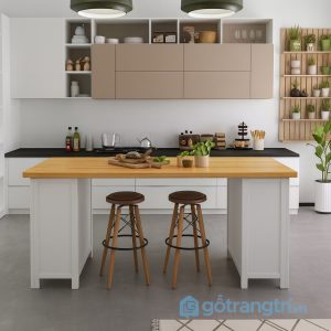 2 bàn đảo bếp mặt gỗ thân tủ xám