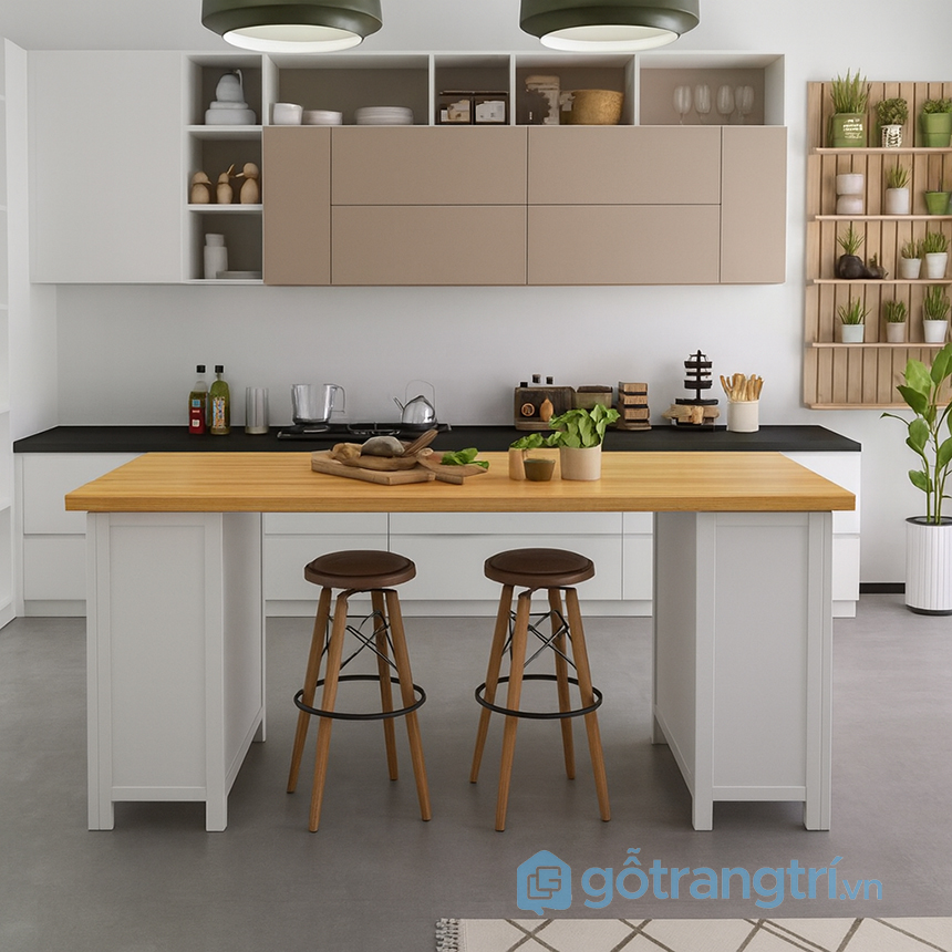 Bàn đảo bếp mặt gỗ thân tủ xám hiện đại GHS-42191