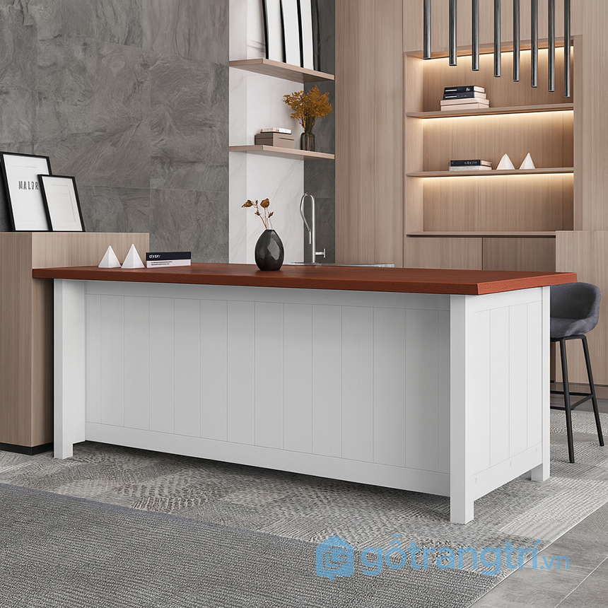 Đảo bếp gỗ kết hợp thân tủ trắng hiện đại